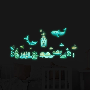 Glow-in-the-dark ocean wall stickers with cartoon whales and fish for kids' bedroom