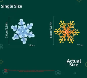 Size guide for blue and gold snowflake ornaments in 7.6cm and 6.8cm diameters