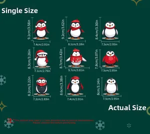 Größentabelle für selbstklebende Pinguin Wandtattoo mit Maßangaben in cm und Zoll Einheiten