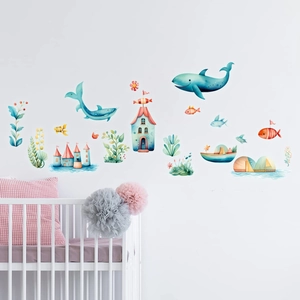 Nautical watercolor wall decals with whales and castles for baby nursery decor