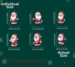 Detailed size chart for Christmas Santa stickers showing height and width in cm and inches