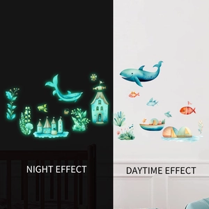 Luminous ocean themed wall stickers for kids rooms with whale and fish glowing patterns