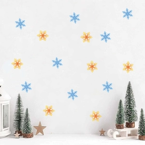 Christmas snowflake wall decals in blue and orange for festive window holiday decoration
