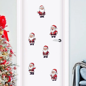 Set of 6 cute Santa Claus wall stickers displayed on a white door with Christmas tree