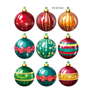 Set of 9 festive Christmas ball window stickers with colorful stripes and stars designs