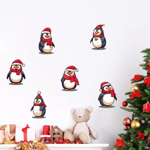 Stickers muraux de pingouins de Noël avec d'adorables pingouins en bonnets de fête rouges
