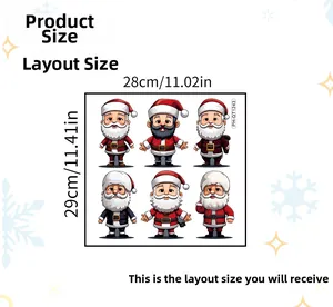 Detailed 28x29cm layout of six cartoon Santa Claus wall stickers with snowflake accents
