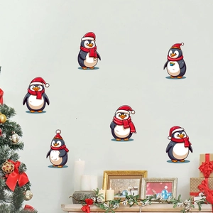 Lot de 6 stickers muraux de pingouins de Noël avec bonnets rouges pour décor de fête