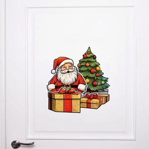 Christmas window stickers featuring Santa Claus and tree on a white door background