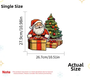 Detailed size chart for Christmas window stickers featuring Santa and festive tree designs