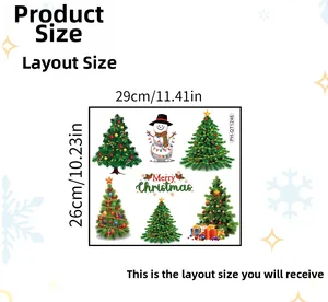 Detailed sheet layout of Christmas tree stickers and snowman with dimensions 29x26cm
