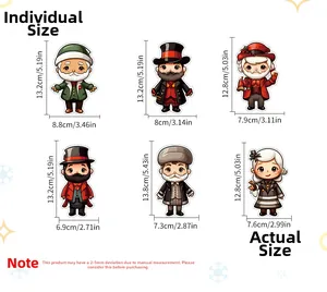 Size chart showing six Christmas gnome window stickers with precise height and width data