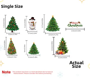 Size guide for Christmas window stickers showing tree and snowman dimensions in cm and inches