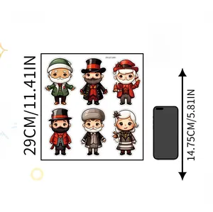 Detail view of 6 Christmas gnome window stickers with size comparison to a smartphone