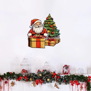 Cartoon Santa Claus and Christmas tree wall decals set for festive glass window decoration