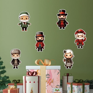 6-piece set of Victorian gnome Christmas window stickers with festive gift box background