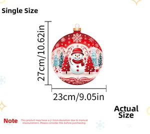 Size specifications for a red Christmas ball wall decal with snowman and tree patterns
