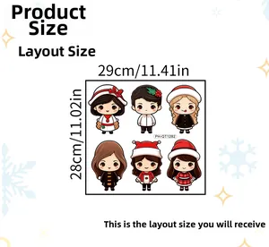 Detail view of 2x3 grid layout cartoon Christmas stickers with dimensions and snow patterns