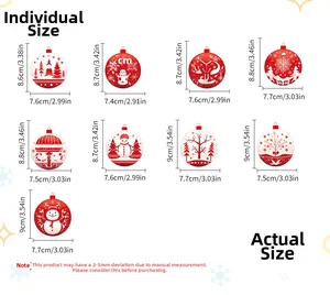 Detailed size chart for Christmas ball ornaments featuring snowflake and deer patterns
