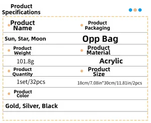 Detail showing 32pcs acrylic sun and moon wall sticker dimensions and packaging specs