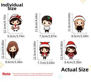 Size chart showing dimensions for six cartoon Christmas wall stickers in cm and inches