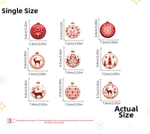 Detailed size guide for various Christmas ball wall stickers with festive holiday patterns