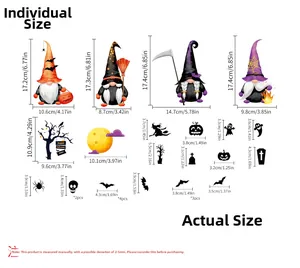 Detailed size chart for Halloween gnome stickers featuring dimensions in cm and inches