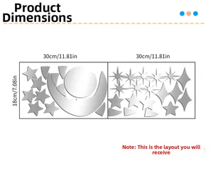 Detailed product layout dimensions for sun moon and stars acrylic mirror wall decals