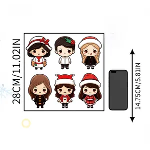 Detailed size comparison of 6 cartoon Christmas wall stickers next to a smartphone