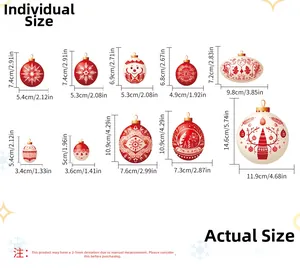 Guide des tailles pour 10 stickers de Noël avec dimensions détaillées en cm et pouces