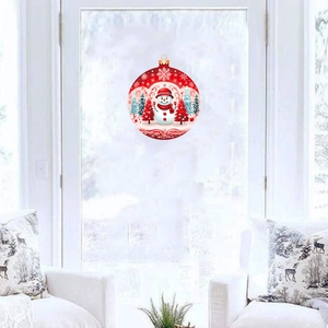 Festive Christmas snowman wall sticker with holiday tree on white glass door backdrop