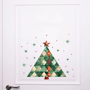 Sticker mural sapin de Noël géométrique coloré avec étoile dorée sur porte blanche