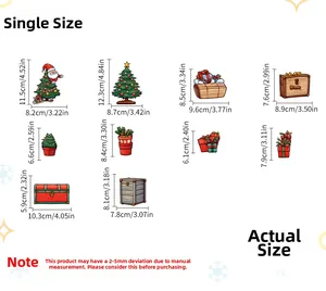 Detailed size chart for Christmas wall decals including Santa tree and gift boxes