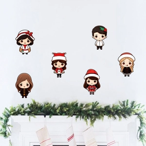 Chibi cartoon Christmas wall stickers set featuring festive characters on a white wall decor
