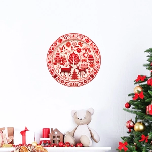 Adesivo murale natalizio rosso con renne e foresta per decorazione festiva della casa