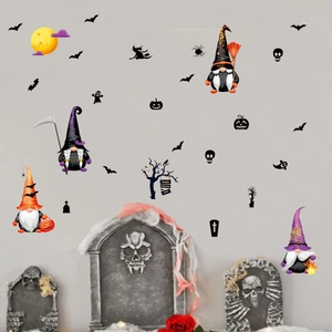 Halloween gnome wall stickers set with pumpkin and bat decorations for festive home decor