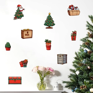 Cartoon Christmas wall stickers featuring Santa Claus and decorated trees for home decor