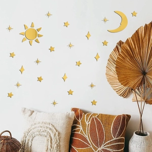 Gold mirror acrylic sun and moon wall decals for bohemian style living room decor