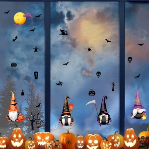 Halloween window stickers set featuring festive gnomes, pumpkins and bats decorations