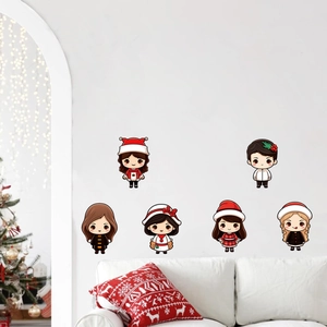 Cartoon Christmas wall stickers featuring 6 festive characters on a cozy living room wall