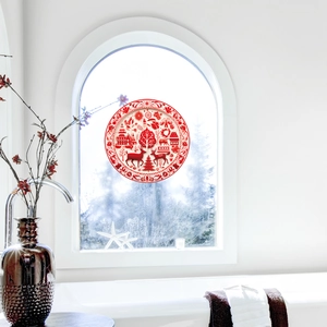 Adesivo natalizio circolare rosso con renna in stile intaglio per decorazione