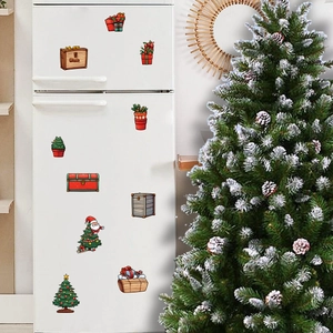 Christmas refrigerator stickers set with Santa and tree motifs on white fridge background