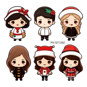 Set of 6 cute cartoon Christmas stickers with red and white festive holiday outfits