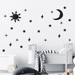Black 3D acrylic sun moon and stars wall stickers set for modern bedroom decoration