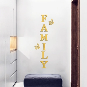 Golden 3D acrylic mirror wall stickers featuring 'FAMILY' letters and butterflies decor