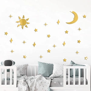 Golden acrylic mirror wall stickers with sun moon and stars for kids bedroom decor