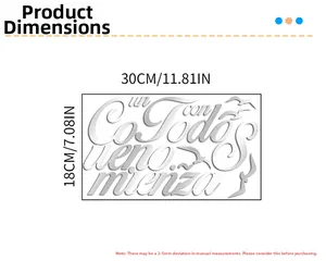 Detailed size chart of the 30x18cm acrylic mirror wall sticker with Spanish quote