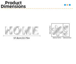 Dimensions détaillées des stickers muraux miroirs HOME avec fleurs et papillons décoratifs