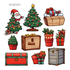 Cartoon Christmas wall stickers featuring Santa tree, gift boxes and festive chests