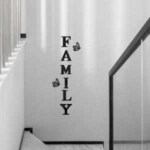 Minimalist 3D acrylic black FAMILY wall stickers with butterflies for home hallway decor